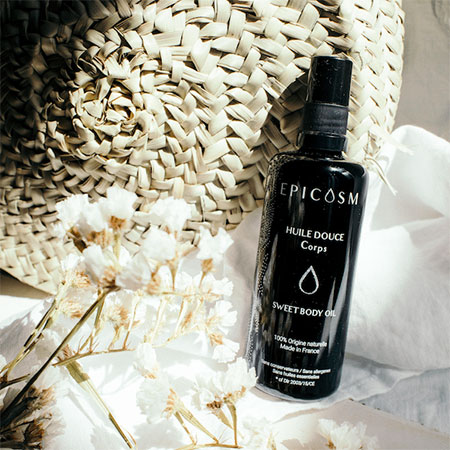 Huile douce pour le corps marque Epicosm possibilité de nous commander tout une gamme de produits naturels et bio